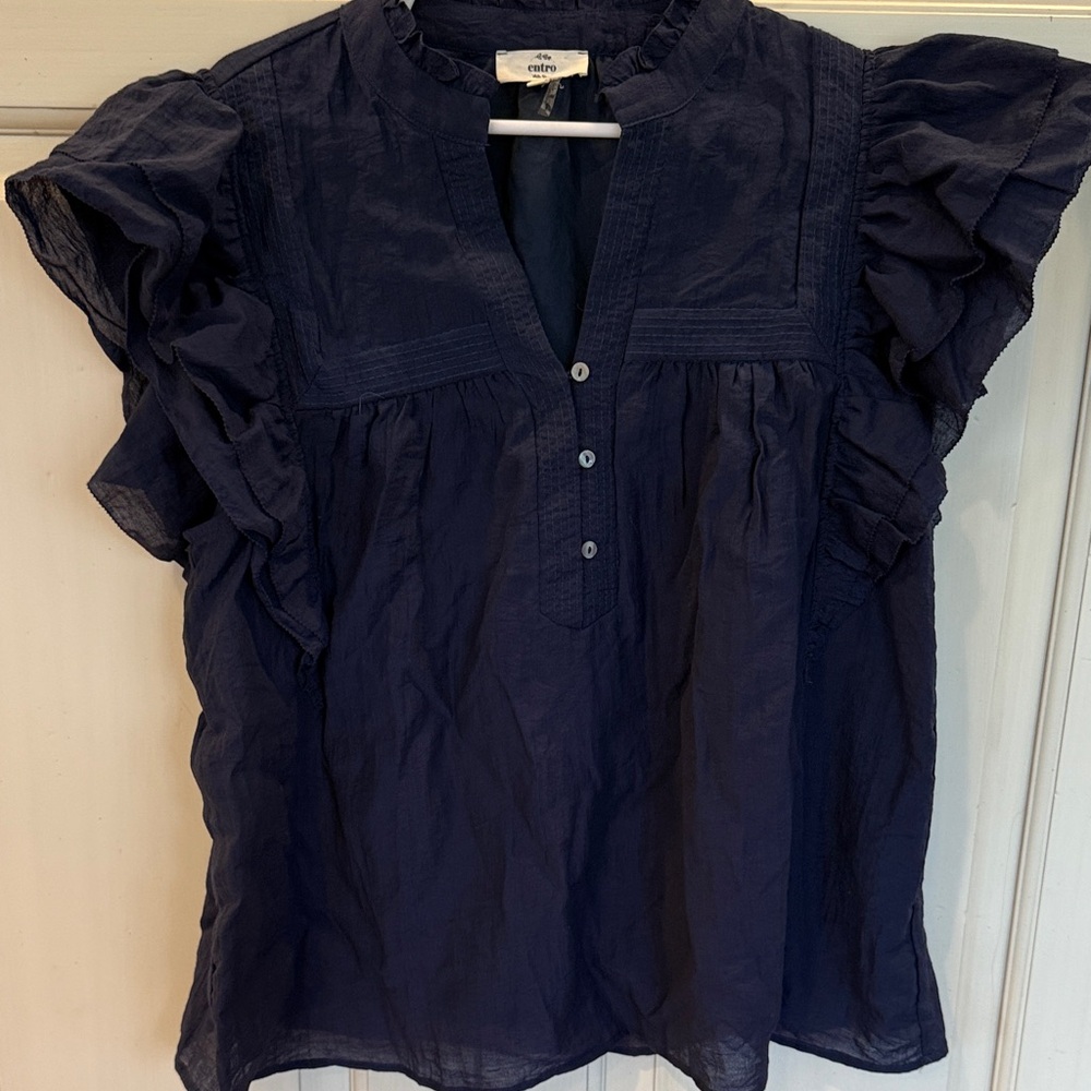Entro Navy Ruffle Sleeve Blouse, new without tags